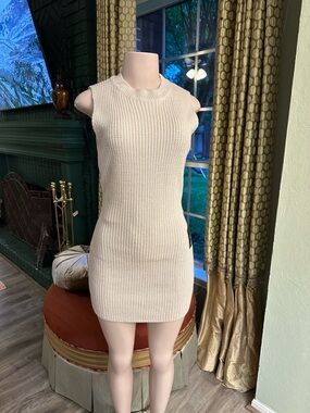 Lulu's Beige Knit Midi Dress with Black Pocket